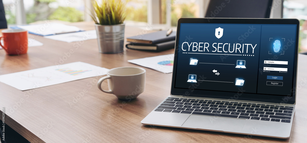 Poster cyber security system on computer screen protect private information snugly from hacker and cyber at