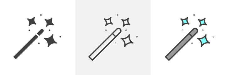 Magic wand icon collection in black and white and colored style