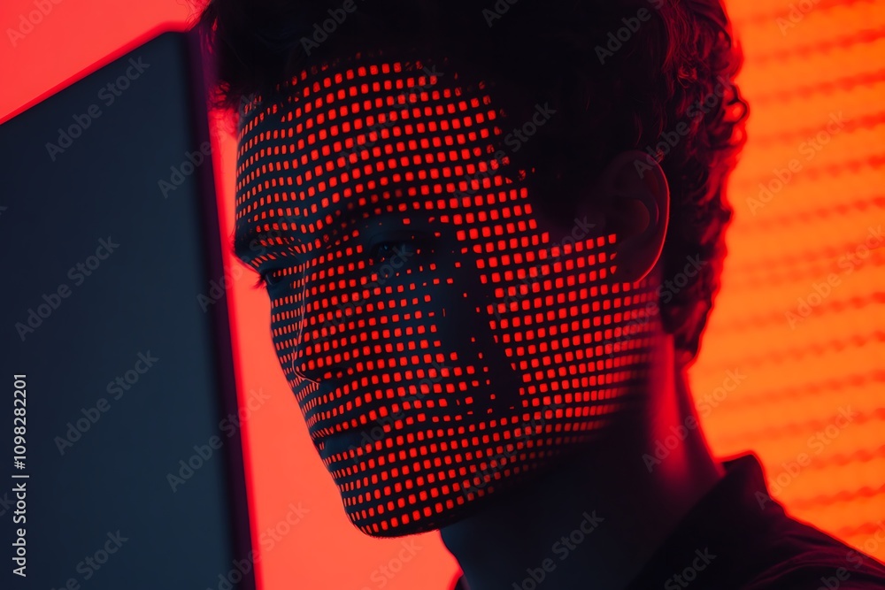 Poster a person illuminated by digital patterns on their face, engaging with a computer screen.