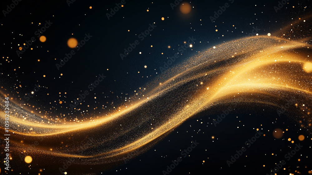 Poster golden stardust: a mesmerizing abstract background with a flowing golden light wave, shimmering with