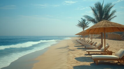 Obraz premium Beach lounge chairs under palm trees and straw umbrellas.