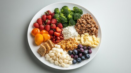 Healthy Balanced Diet Plate Strawberries, Broccoli, Buckwheat, Yogurt