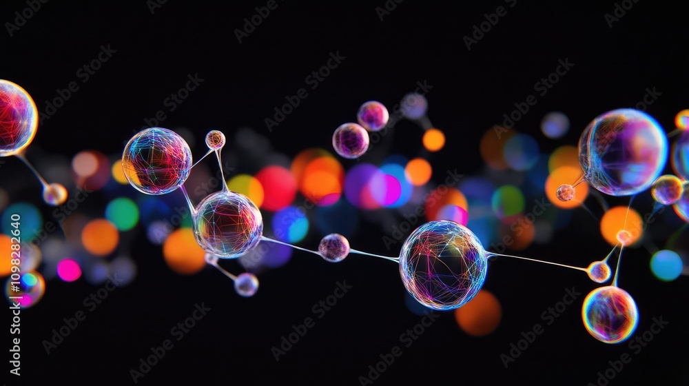 Poster floating spheres representing data molecules, interlinked by thin neon lines against a black backdro