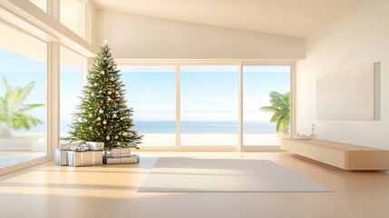 Fototapeta premium Christmas Tree in Modern Beach House Interior
