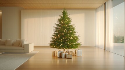 Christmas Tree in Modern Minimalist Living Room.