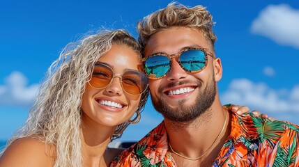 Obraz premium Happy young couple smiling and posing together on a beautiful beach, enjoying a sunny day with stylish sunglasses and colorful tropical attire against a vibrant sky