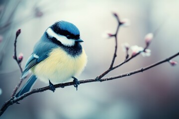 Fototapeta premium A charming bluebird perched gracefully on a branch amidst delicate blossoms.