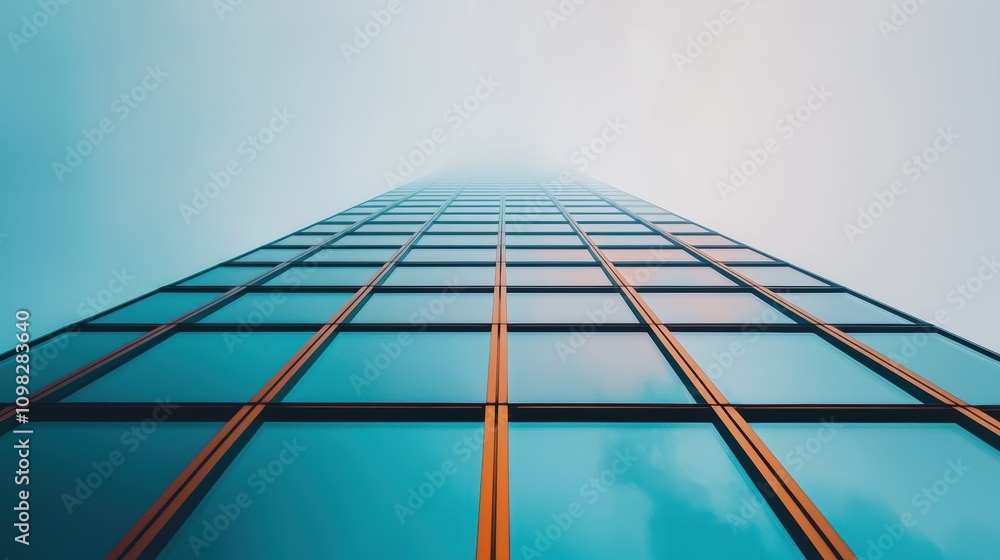 Poster a close up shot of the reflective glass facade of a skyscraper, creating abstract patterns and refle