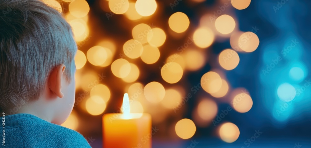Poster a child gazing at a flickering candle with soft bokeh lights in the background.