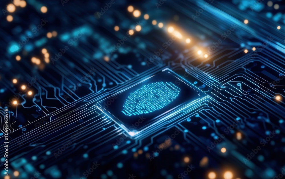 Poster a close-up image of a fingerprint sensor on a circuit board with blue light effects.