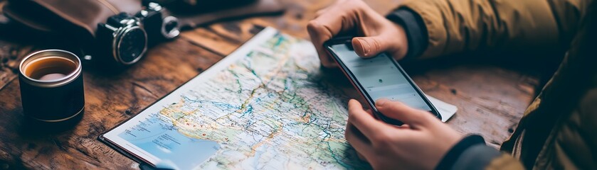 Naklejka premium Traveler Planning Trip Using Map And Smartphone