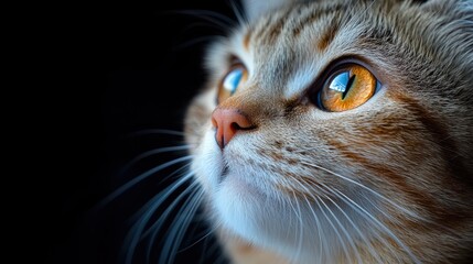 Close-up portrait of a cat with bright yellow eyes looking up.