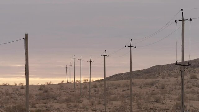 desolation with wooden electricity poles in the desert

