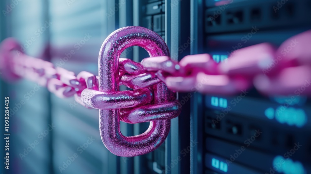 Poster a close-up of a pink chain lock securing server racks in a data center.