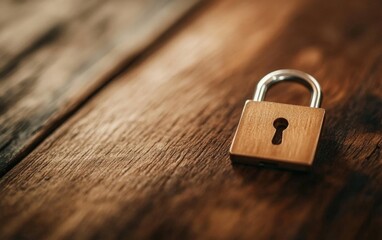 Naklejka premium A close-up of a vintage lock resting on a wooden surface, symbolizing security.