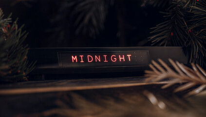 digital clock showing midnight surrounded by greenery with copy space