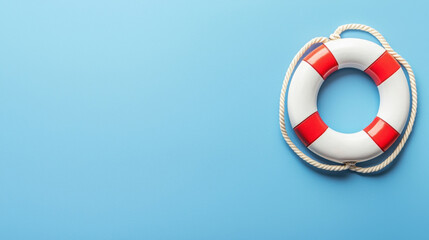 Life preserver on blue background, symbolizing safety and rescue. This top view image captures essence of maritime safety equipment, ideal for nautical themes