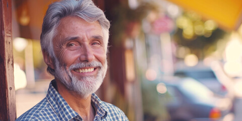 Fototapeta premium portrait of a sixty-year-old man on a city street Generative AI