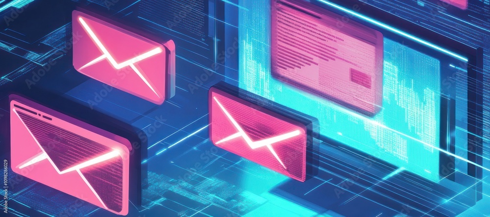 Poster digital representation of email communication with glowing icons and data elements.