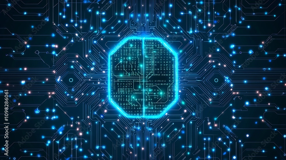 Aufkleber a futuristic and modern digital featuring a glowing intelligence chip at the center surrounded by a 