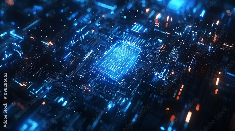 Poster a futuristic and clean digital circuit board in shades of blue with an hologram providing ample spac