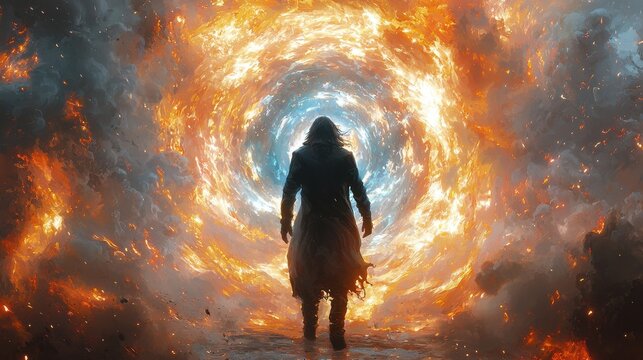 Chaos god emerges from swirling orbs of fire in a cosmic realm digital art creation fantasy environment dramatic viewpoint