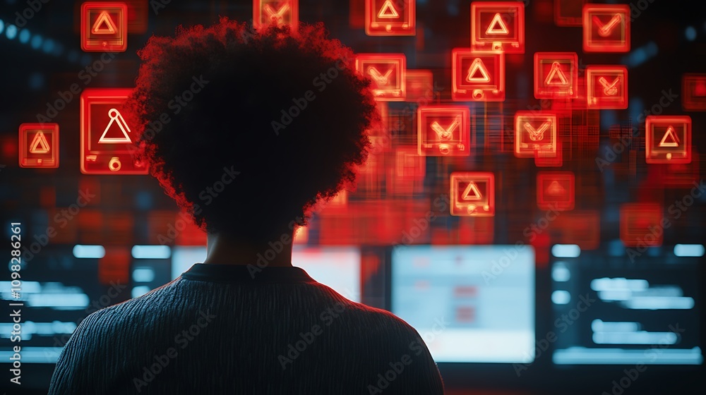 Poster a person observing multiple warning alerts on screens in a darkened tech environment.
