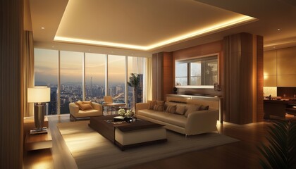 Fototapeta premium Modern living room with city skyline view at dusk
