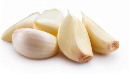 Front view of white peeled garlic cloves is isolated on white background