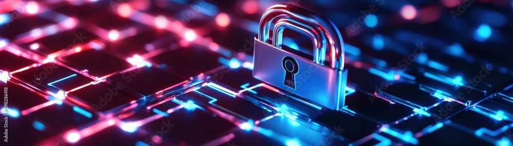 Poster a digital lock symbolizing cybersecurity on a glowing circuit board background.