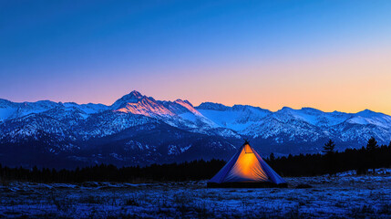 Camping tent silhouette at sunrise with snow-covered mountains in winter