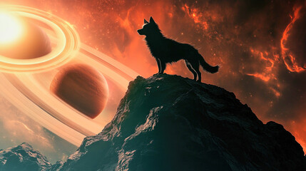 Heroic dog silhouette on rocky outcrop with Saturn's glowing rings in cosmic backdrop