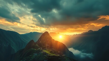 Dramatic sunrise over Machu Picchu