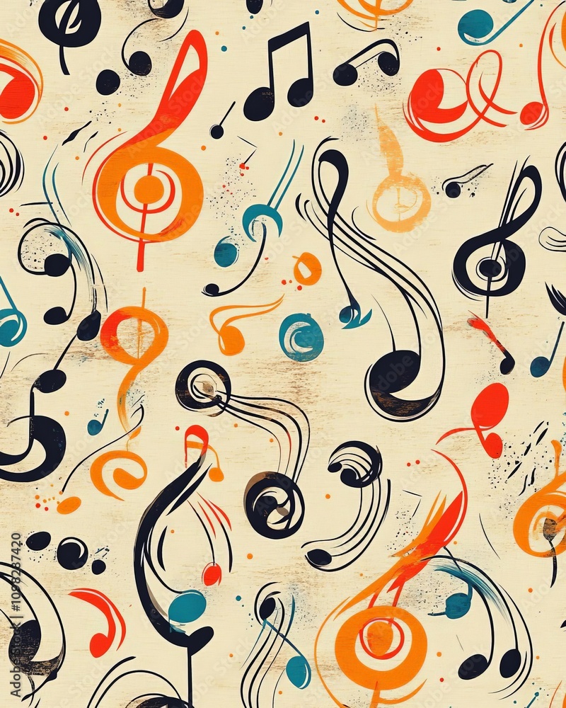 Poster a vibrant and artistic pattern featuring musical notes in various colors, creating a lively and ener