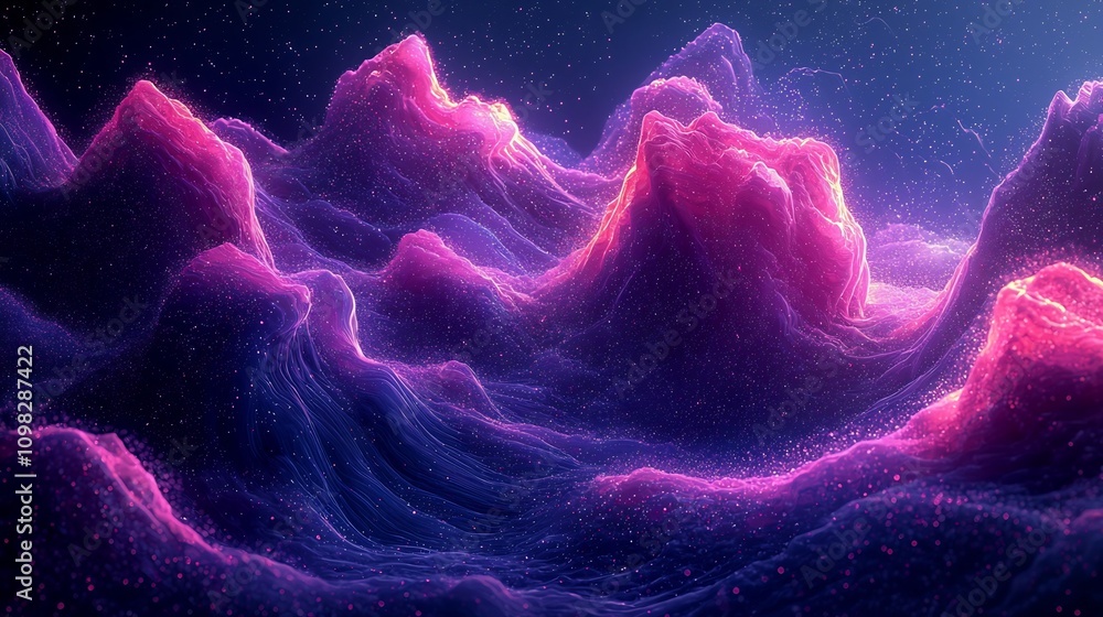 Poster captivating digital artwork featuring a dynamic wave of vibrant particles in a futuristic design wit