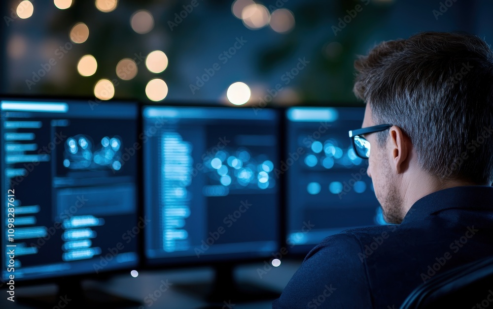 Poster a focused individual working late at night in front of multiple computer screens.
