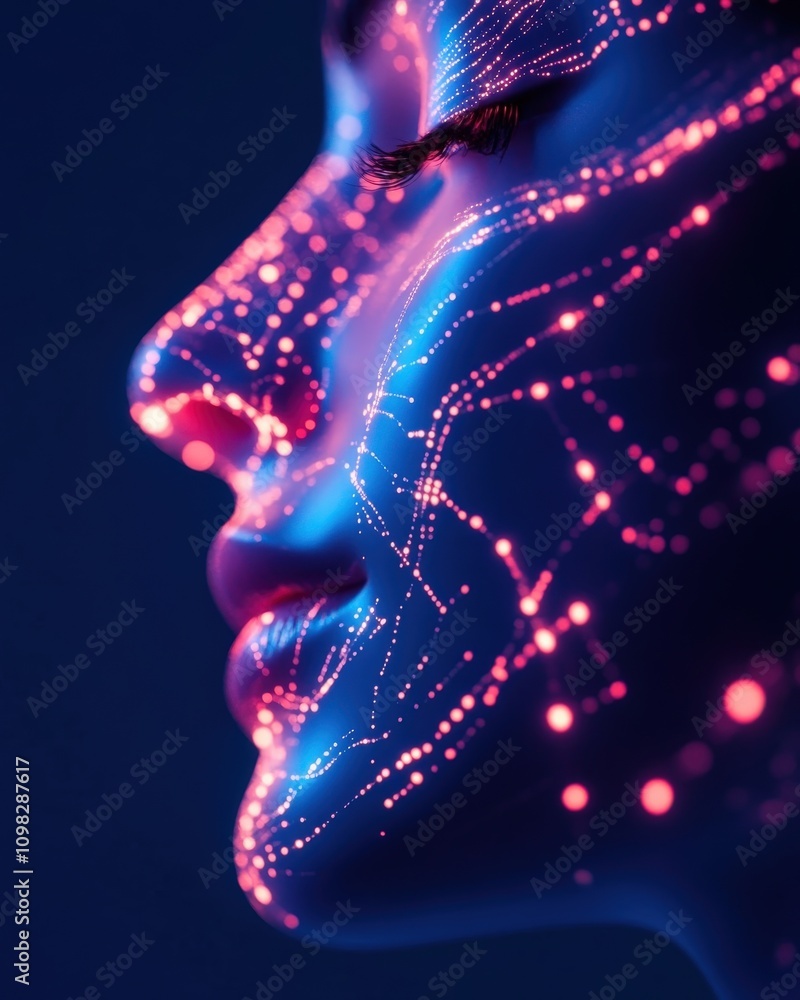 Poster a futuristic depiction of a face illuminated with vibrant glowing patterns.