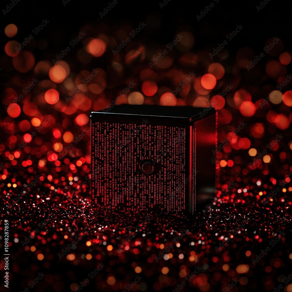 Poster a glowing black cube surrounded by shimmering red lights and glittering bokeh effects.