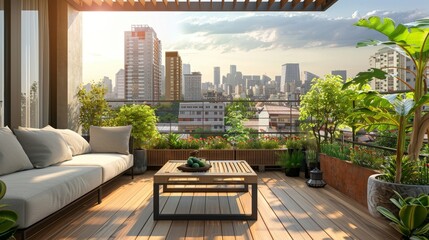 Fototapeta premium Charming terrace with rustic decor and hardwood floors overlooking a bustling cityscape