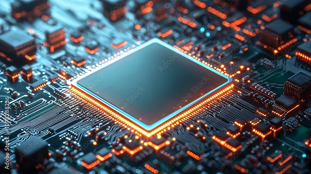 Poster cutting edge chip technology circuit with vibrant blue green gradient aesthetic digitally engineered