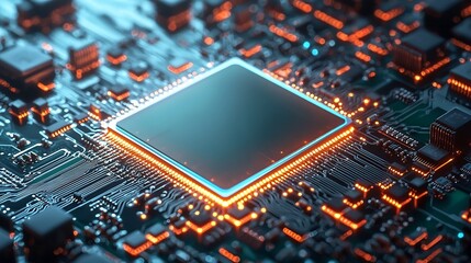 Fototapeta premium Cutting Edge Chip Technology Circuit with Vibrant Blue Green Gradient Aesthetic Digitally Engineered Microchip Design for Modern Futuristic and High Tech Applications