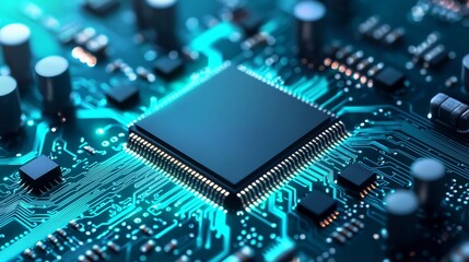 Fototapeta premium Cutting Edge Chip Technology Circuit with Vibrant Blue Green Gradient Backdrop for a Modern and Digital Aesthetic