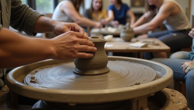 Close-up of hands shaping clay on pottery wheel in workshop