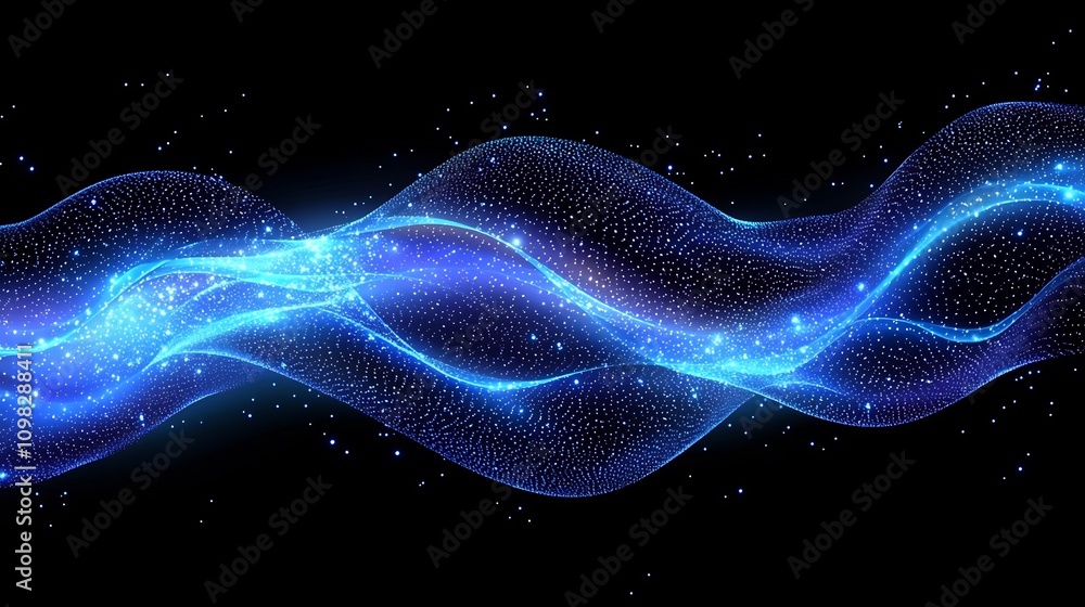 Poster dynamic blue light streaks and glowing energy lines flowing and weaving across a dark futuristic and