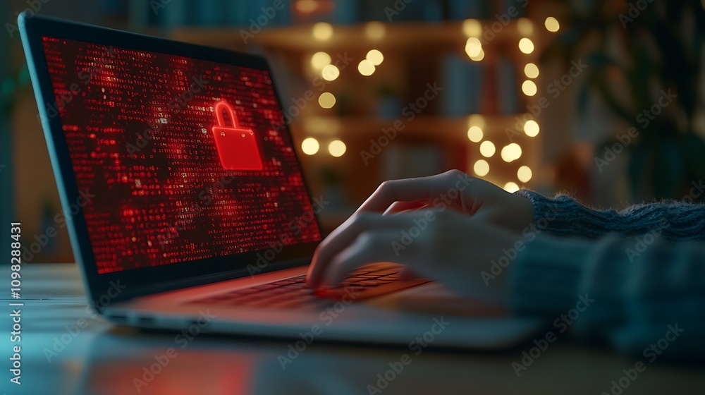 Poster a person typing on a laptop displaying a digital lock symbol against a red background.