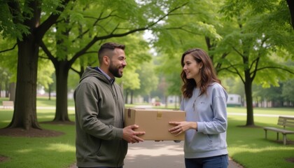 Naklejka premium Casual exchange of parcel between individuals in a park setting