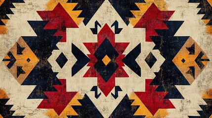A vibrant, abstract textile pattern featuring rich reds, blacks, and yellows, inspired by traditional designs, perfect for artistic decor or fashion.