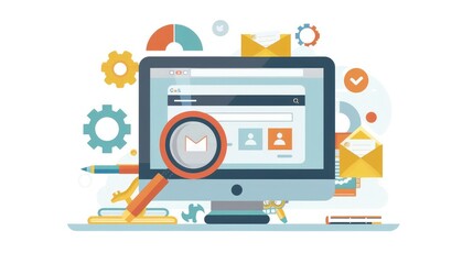 Email Marketing Concept with Desktop and Magnifying Glass