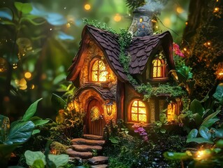 Fototapeta premium a whimsical fairy house nestled in a lush forest, surrounded by enchanting flora and sparkling lights, inviting viewers into a magical world of wonder