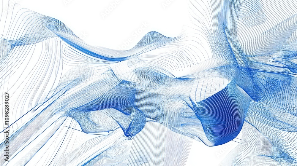 Poster complex wireframe shapes with connecting nodes, in a minimalist blue and white color scheme
